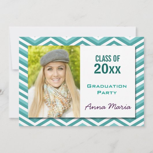 Aqua Chevron Graduation Party Photo Invitation (Devant)