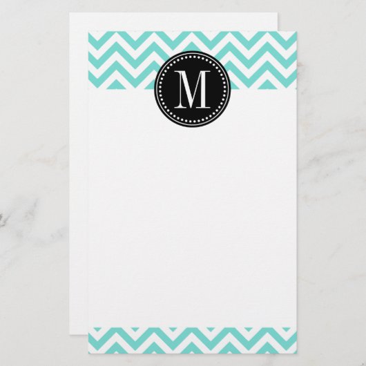 Aqua Chevron Zigzag Gepersonaliseerd Monogram Briefpapier (Voorkant / Achterkant)