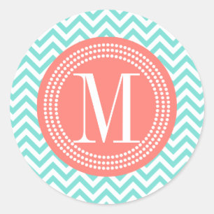 Aqua Chevron zigzag gepersonaliseerd monogram Ronde Sticker