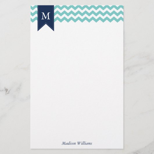 Aqua Chevrons Pattern en Blue Monogram Briefpapier (Voorkant)