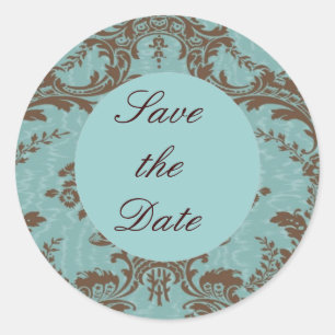 Aqua Chocolade Damast Save the Date Ronde Sticker
