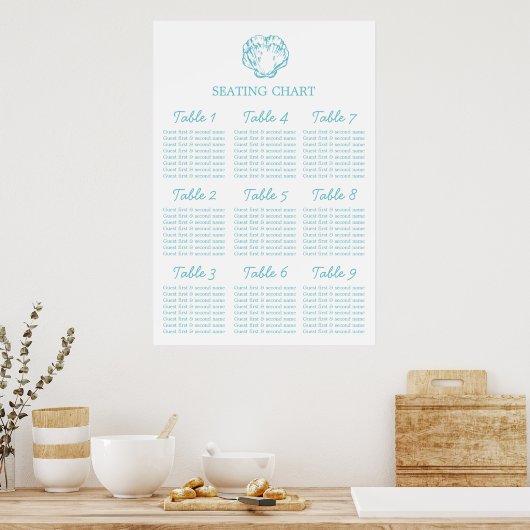 Aqua clam shell Wedding Seating Table Planner 1-9 Poster (Keuken)
