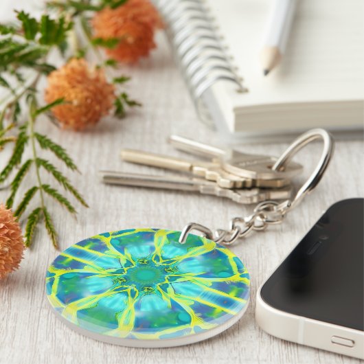 Aqua, Cobalt Blue en Yellow Tie Dye Pattern Sleutelhanger (Voorkant Rechts)