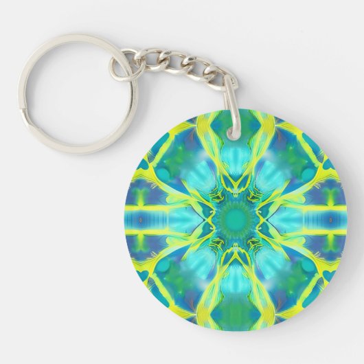 Aqua, Cobalt Blue en Yellow Tie Dye Pattern Sleutelhanger (Voorkant)