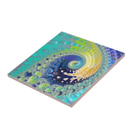 Aqua Cobalt en Yellow Spiral Fractal Abstract Tegeltje (Zijkant)