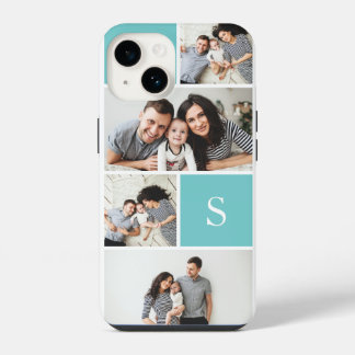 Aqua Colorblock Foto Collage & Monogram iPhone 14 Hoesje