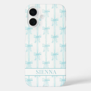 Aqua Coquette Booggestreepte Monogram iPhone 16 Hoesje