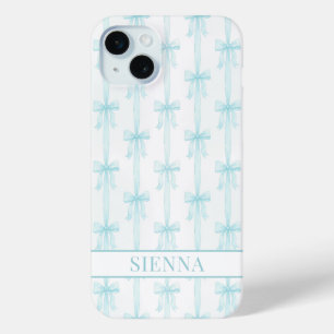 Aqua Coquette Booggestreepte Monogram iPhone 15 Mini Hoesje