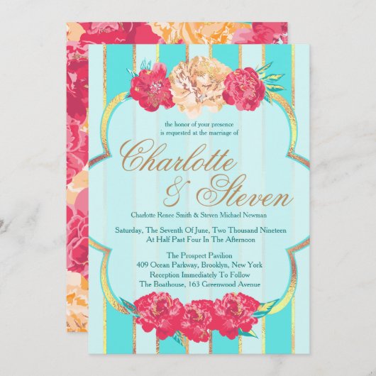 Aqua, Corail et Or, Floral, Invitations de mariage (Devant / Derrière)