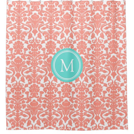 Aqua Coral Damask Monogramme Douche rideau (Devant)