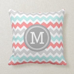 Aqua Coral Grijs Chevron Monogram Decoratief Kusse Kussen