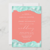 Aqua Coral Pink Silver Foil Glitter Wedding Kaart (Voorkant)