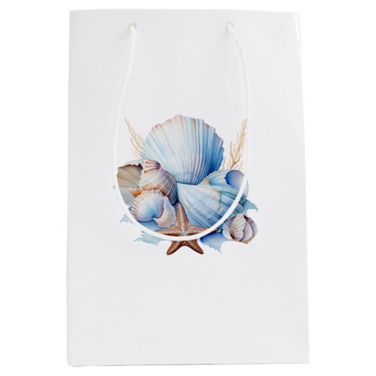 Aqua Cream Beach Shells Bruiloftsfeest Medium Cadeauzakje (Voorkant)
