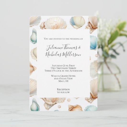 Aqua Cream Beach Shells Wedding Kaart (Staand voorkant)