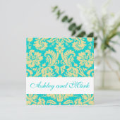 Aqua Cream Damask Wedding Invitations Kaart (Staand voorkant)