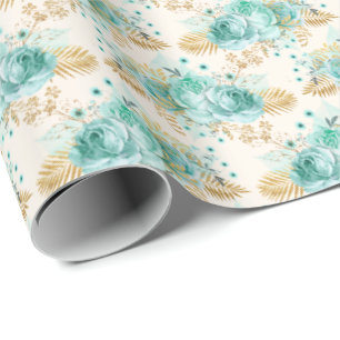 Aqua Cream Goud Bloemen Cadeaupapier