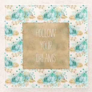 Aqua Cream Goud Bloemen Glazen Onderzetter