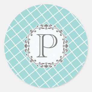 Aqua Cross Hatch Vintage Wedding Monogram Sticker