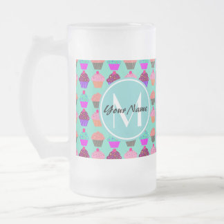 Aqua Cupcake Gepersonaliseerd Monogram Matglas Bierpul