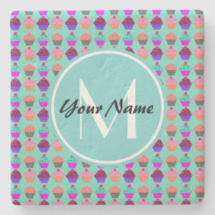 Aqua Cupcake Gepersonaliseerd Monogram Stenen Onderzetter