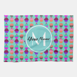 Aqua Cupcake Gepersonaliseerd Monogram Theedoek