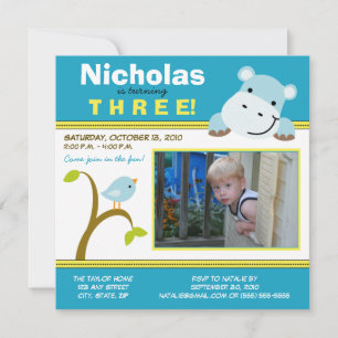 Aqua Custom Hippo & Birdie Birthday Party Invite Kaart