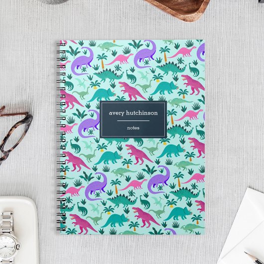 Aqua | Cute Colorful Dinosaur Pattern Personalized Notitieboek
