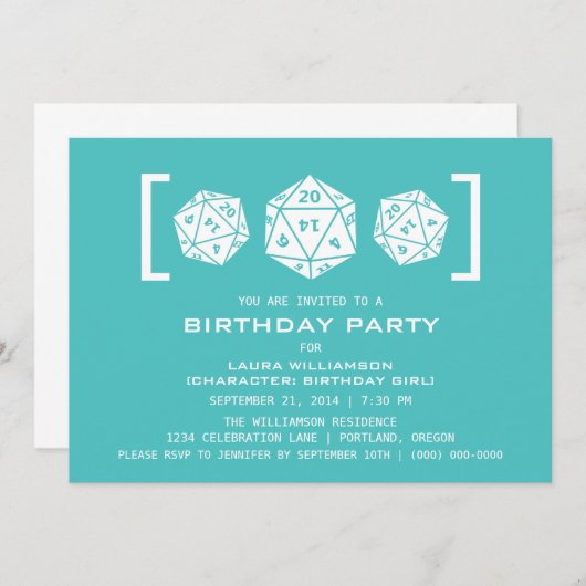 Aqua D20 Dice Gamer Birthday Party Invite Kaart (Voorkant / Achterkant)