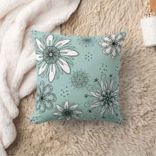 Aqua Daisy Bloemen Pen en Inkt Print Kussen