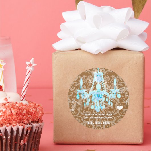 Aqua  Damask Chandelier Ronde Sticker (Feest)