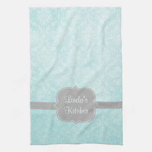 Aqua Damask Gray Personalized Kitchen Towel Theedoek