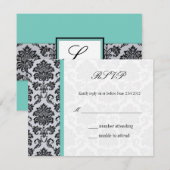 Aqua Damask Monogram Wedding RSVP Kaartje (Voorkant / Achterkant)