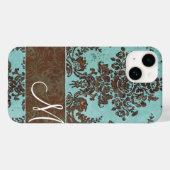  Aqua Damask Patroon met Monogram Case-Mate iPhone Case (Achterkant (horizontaal))