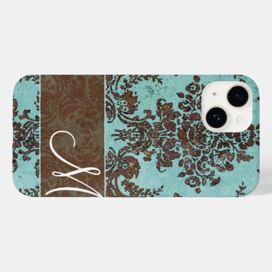  Aqua Damask Patroon met Monogram Case-Mate iPhone Case (Achterkant (horizontaal))