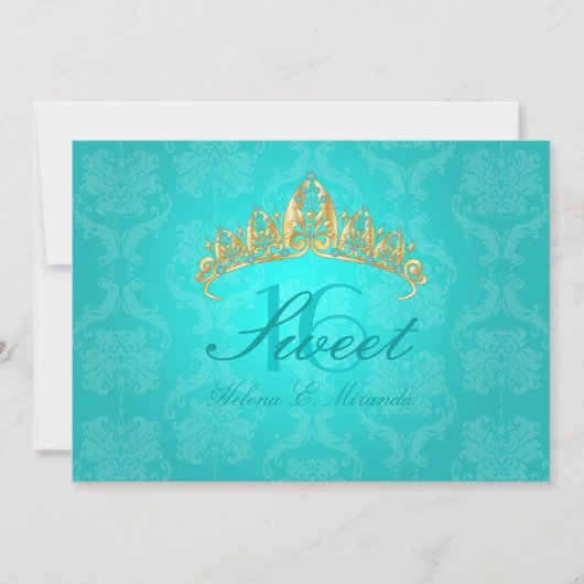 Aqua Damask Sweet 16/ invitations tiara/turquoise (Devant)