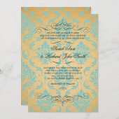 Aqua Damask Vlourish Wedding Invitation Kaart (Voorkant / Achterkant)