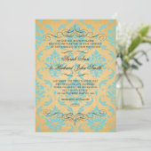 Aqua Damask Vlourish Wedding Invitation Kaart (Staand voorkant)
