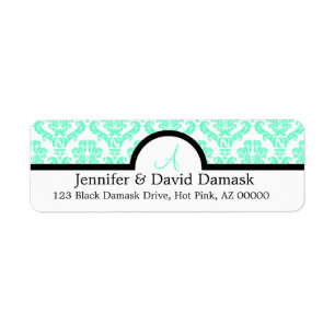 Aqua Damask Wedding Monogram Adresetiketten Etiket