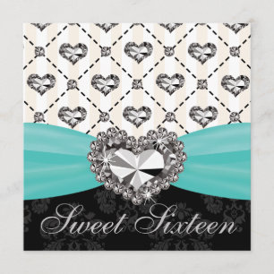 Aqua Diamond Heart Sweet Sixteen-uitnodigingen Kaart