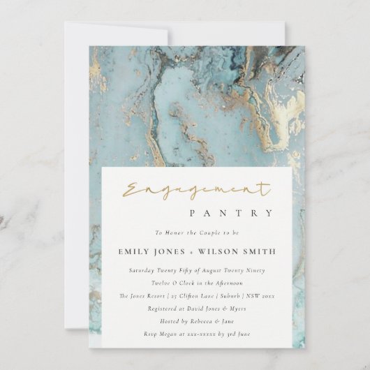 AQUA DUSKY BLUE GOLD AGATE COUPLES SHOWER INVITE BEDANKKAART (Voorkant)