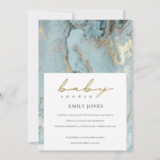 AQUA DUSKY BLUE GOLD AGATE INVITATION BABY SHOWER (Devant)