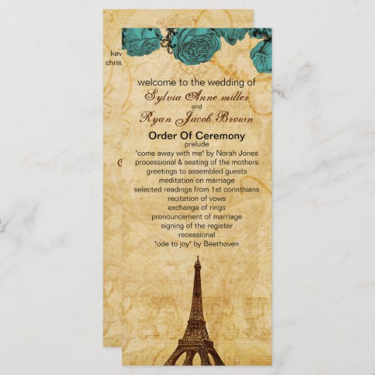aqua  eiffeltoren Paris bruiloft programma (Voorkant / Achterkant)