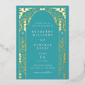 Aqua Elegant Foil Art Nouveau Arch Foil Invitation (Recto)