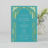 Aqua Elegant Foil Art Nouveau Arch Foil Invitation (Debout devant)