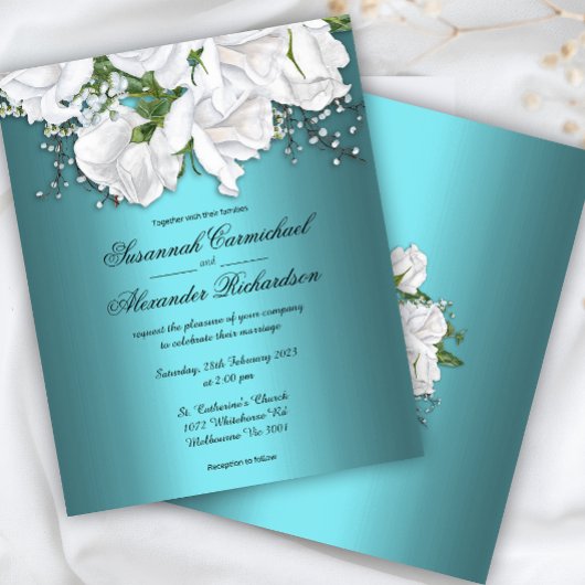 Aqua elegantie, witte rozen budget bruiloft uitnod flyer