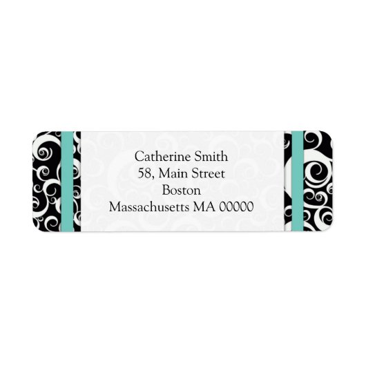 Aqua en Black Damask Swirls Adresetiketten Etiket (Voorkant)