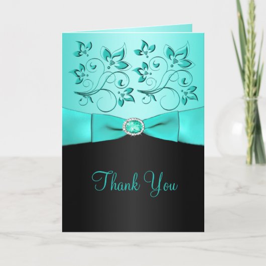Aqua en Black Floral Bedankt Card (Voorkant)