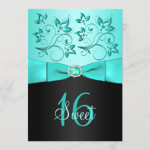 Aqua en Black Floral Sweet Sixteen Uitnodiging