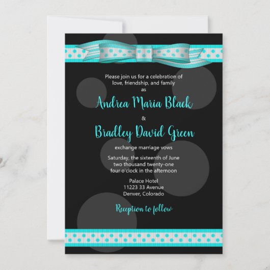 Aqua en Black Polka Dot Ribbon Wedding Uitnodiging (Voorkant)