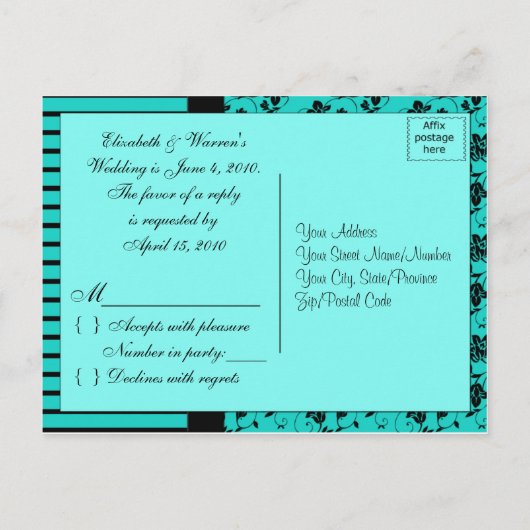 Aqua en Black R.S.V.P. Kaart (Achterkant)